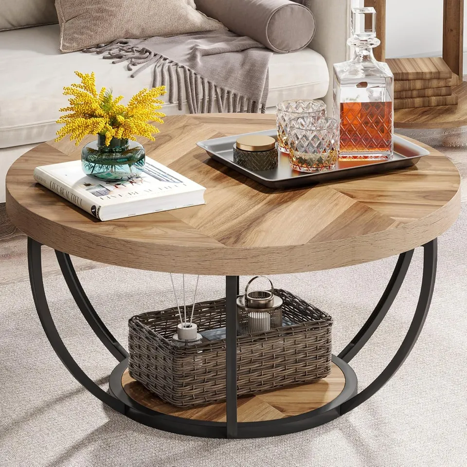 BOXED TRIBESIGNS ROUND COFFEE TABLE, INDUSTRIAL 2-TIER CIRCLE COFFEE TABLE WITH STORAGE SHELVES