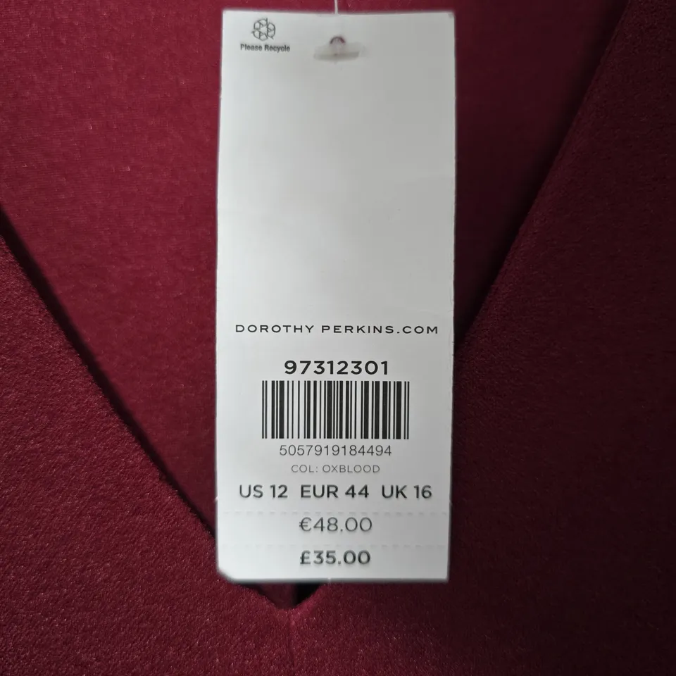 DOROTHY PERKINS WOMEN’S DRESS – OXBLOOD V‑NECK, BELTED, UK 16