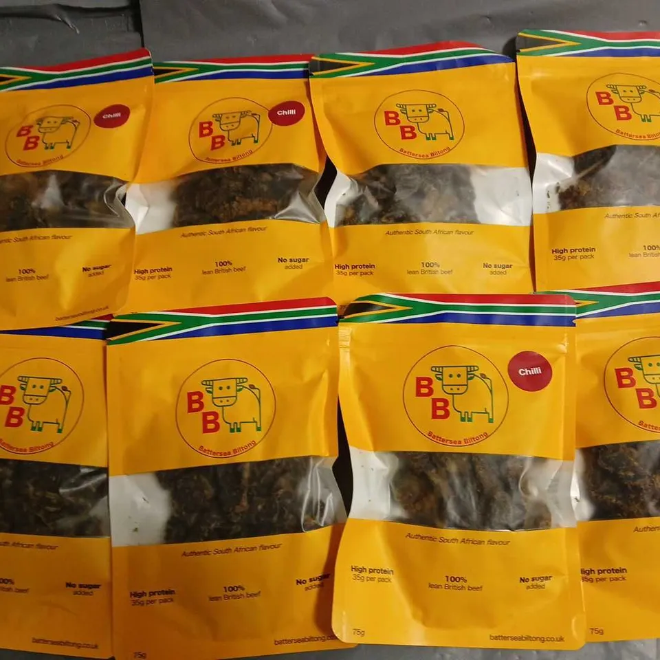 LOT OF 19 75G PACKS OF BATTERSEA BILTONG BRITISH BEEF JERKY