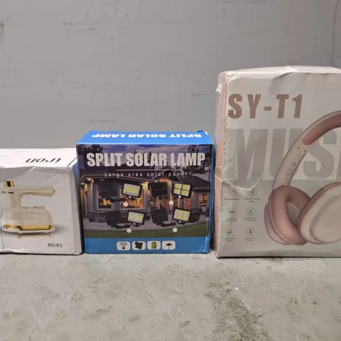 BOX OF APPROXIMATELY 10 ASSORTED ITEMS TO INCLUDE - SPLIT SOLAR LAMP , ELECTRIC IRON , SY-T1 ETC