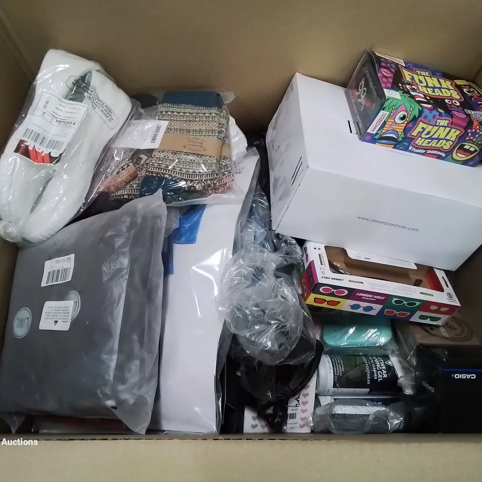 BOX CONTAINING LARGE AMOUNT OF MIXED FASHION ITEMS, SILVER PLATE AND COSTUME JEWELLERY, CLOTHING ITEMS ETC.