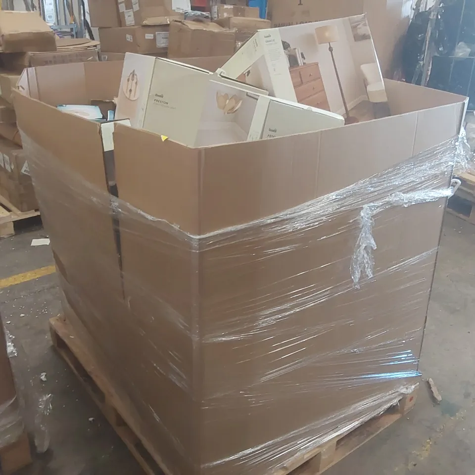 PALLET CONTAINING A VERY LARGE QUANTITY OF ASSORTED DESIGNER LIGHTING PRODUCTS INCLUDING: PETAL PENDANT, FLOYD FLOOR LAMP, GRACIE FLOOR LAMP, PRESTON CEILING LIGHT ECT
