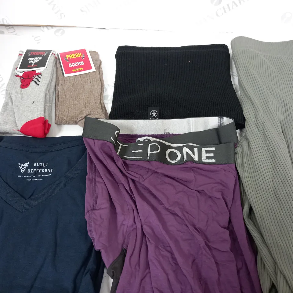 BOX OF APPROXIMATELY 25 ASSORTED CLOTHING ITEMS TO INCUDE - SOCKS , JUMPERS , T-SHIRTS , TROUSERS,ECT 