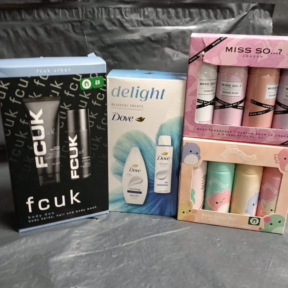BOX OF APPROXIMATELY 15 ASSORTED GIFT SETS TO INCLUDE FCUK, DOVE AND MISS SO...?