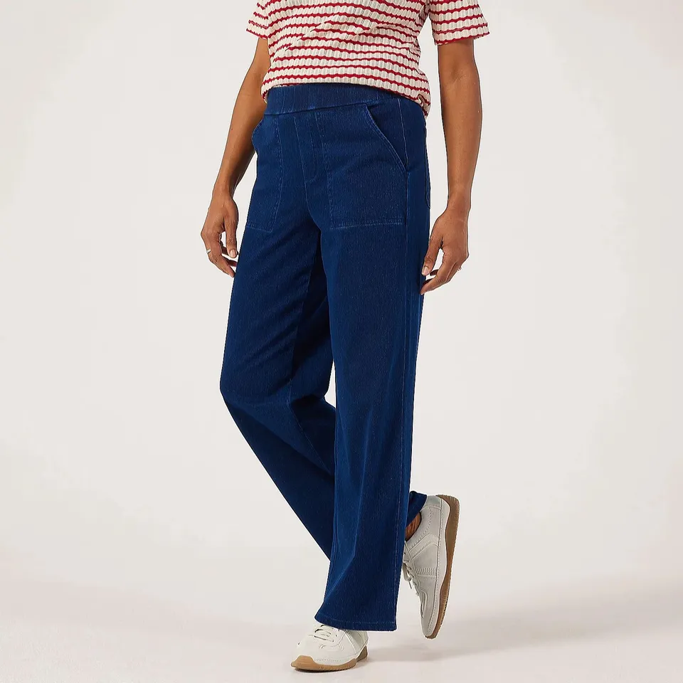 DENIM & CO. COMFY KNIT DENIM WIDE LEG TROUSER PETITE XL DARK INDIGO