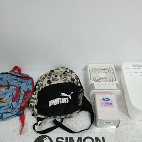 BOX OF APPROXIMATELY 10 ASSORTED ITEMS INCLUDING A WHITE PLASTIC BASKET, A TALA ICING SUGAR STORAGE TIN AND AN ELECTRIC FAN