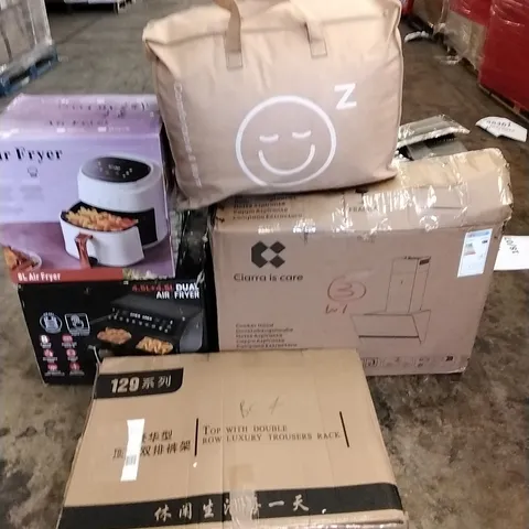 A PALLET OF VARIOUS ITEMS TO INCLUDE. AIR FRYERS, TROUSER RACK, COOKER HOOD AND KING SIZE DUVET