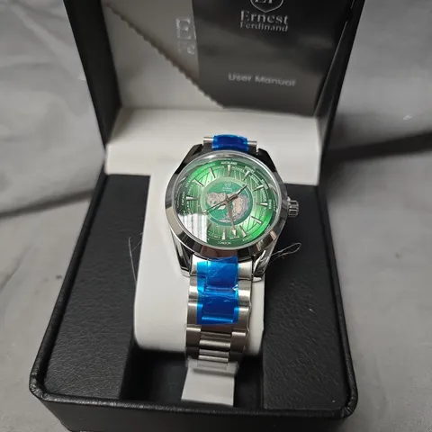 ERNEST FERDINAND WRISTWATCH – GREEN DIAL WITH CAPITALS - STAINLESS STEEL BRACELET - GIFT BOX