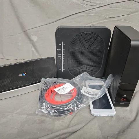 APPROXIMATELY 7 ASSORTED HOUSEHOLD ITEMS TO INCLUDE ROUTERS, DOJO CARD READER, CABLES, ETC