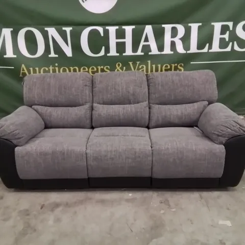QUALITY DESIGNER 3 SEATER MANUAL RECLINING FABRIC/FAUX LEATHER UPHOLSTERED GREY WOVEN SOFA