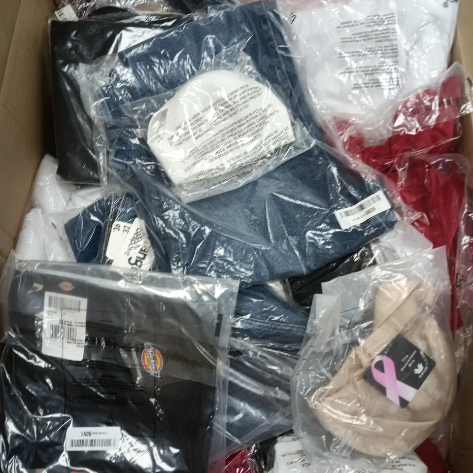 BOX OF APPROXIMATELY 40 ASSORTED CLOTHING ITEMS INCLUDING KENDAL & KYLIE ACTIVE VELVET UNEVEN CROP TOP, DICKIES SKINNY FIT TROUSERS AND ONLINE HOME SHOP JOGGERS