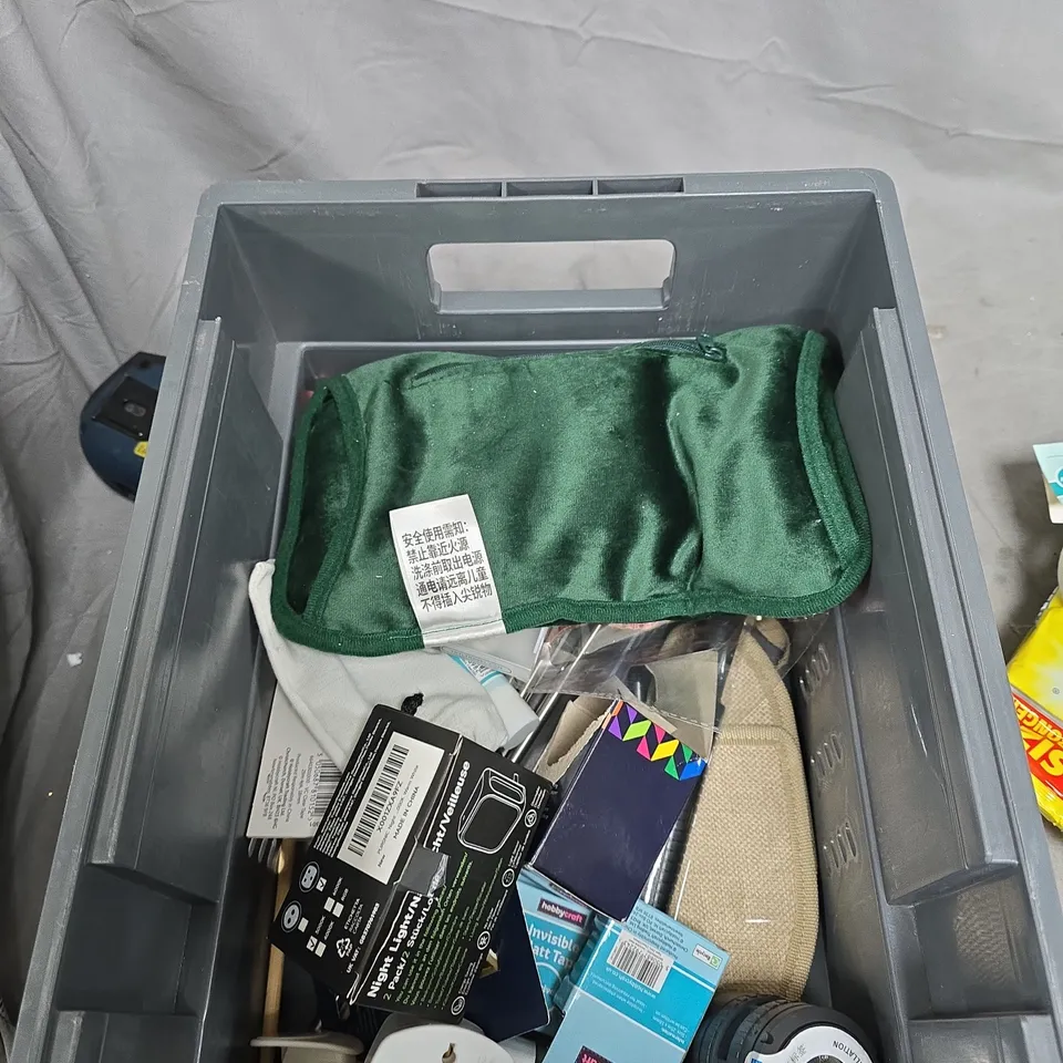 TOTE OF APPROXIMATELY 15 ASSORTED ITEMS TO INCLUDE: ANTI BAC WIPES AND MASKING TAPE