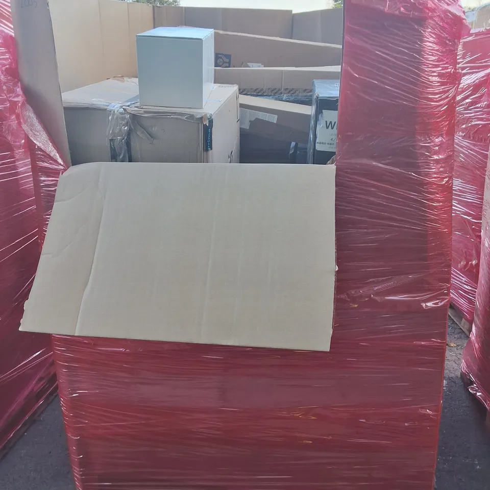 PALLET OF ASSORTED HOUSEHOLD ITEMS TO INCLUDE EXHAUST FAN, SECURITY POST AND VINTAGE TURNTABLE