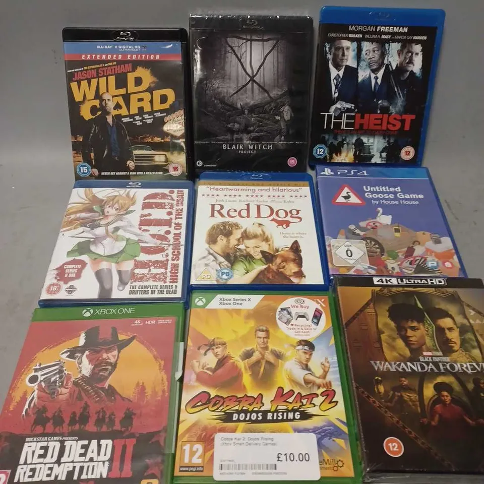 APPROXIMATELY 20 ASSOTRTED DVD & GAMES TO INCLUDE RED DEAD REDEMPTION (XBOX ONE), THE BLAIR WITCH PROJECT (BLU-RAY), BLACK PANTHER WAKANDA FOREVER (4 ULTRA BLU-RAY), ETC