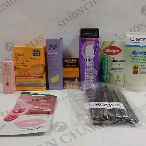 BOX OF APPROXIMATELY 8 ASSORTED COSMETIC ITEMS TO CONTAIN JOHN FRIEDA FRIZZ EASE, BOOTS LANOLIN NIPPLE CREAM, CLEAR NATURE CARROT SOAP ETC 