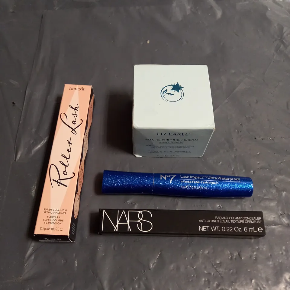 LOT OF 5 ASSORTED COSMETIC PRODUCTS TO INCLUDE - NARS LIGHT CREME BRULEE CREAMY CONCEALER - NO7 LASH IMPACT WATERPROOF MASCARA - BENEFIT ROLLER LASH LIFTING MASCARA - ETC