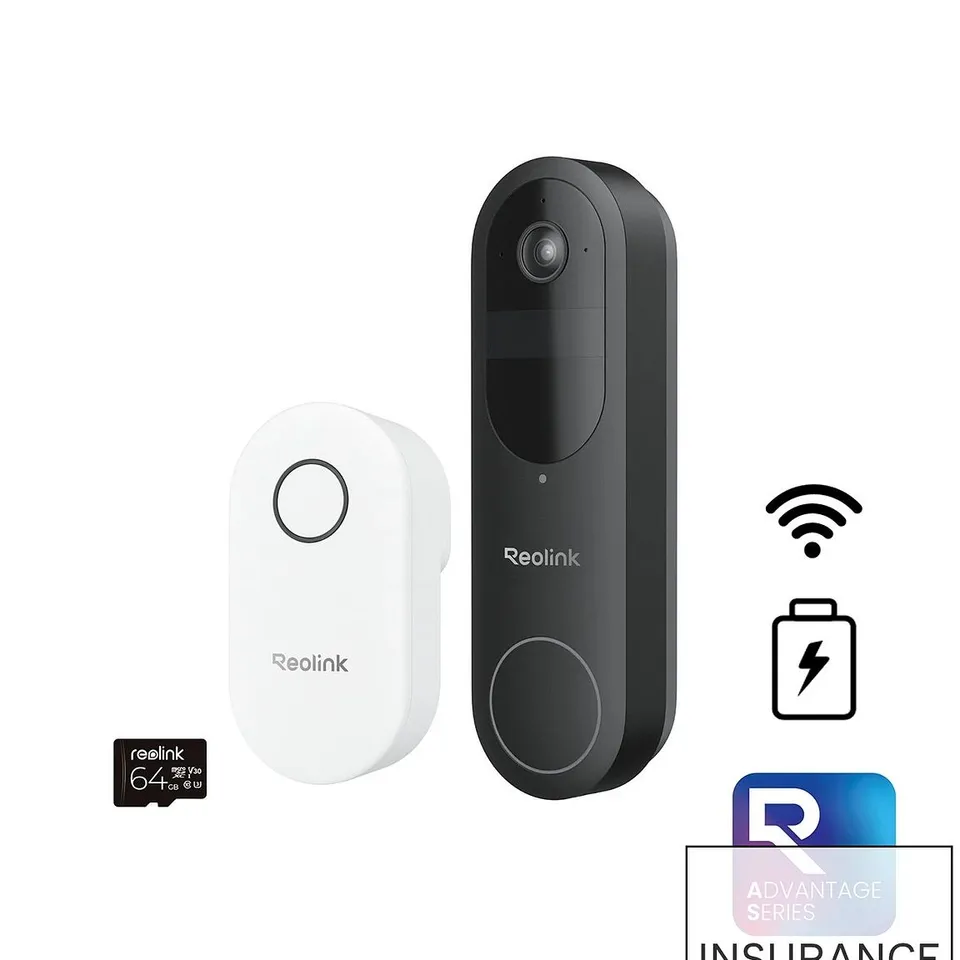 REOLINK 2K 4MP BATTERY DOORBELL, SMART DETECTION & CHIME INCLUDED, 2.4/5GHZ WIFI, NIGHT VISION, 2-WAY TALK D340B WITH CHIME + 64GB SD CARD.