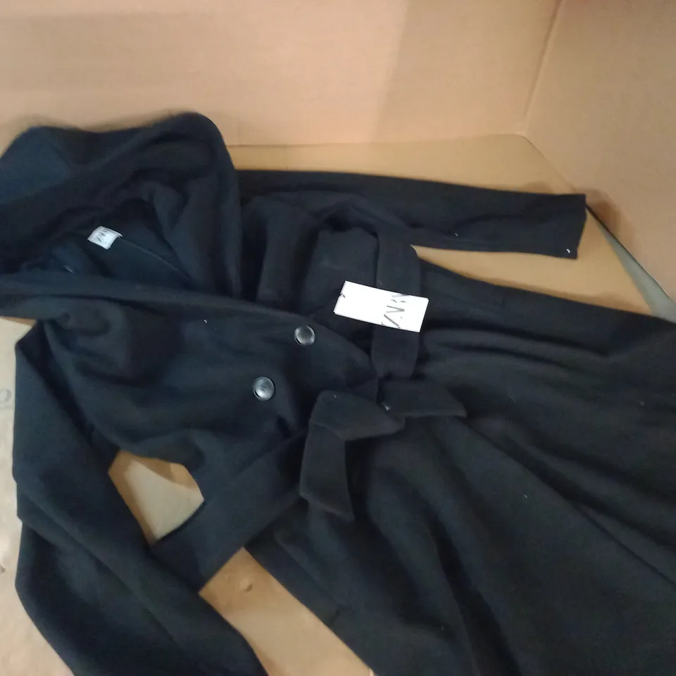 ZARA BLACK BELTED COAT WITH HOOD - EUR M