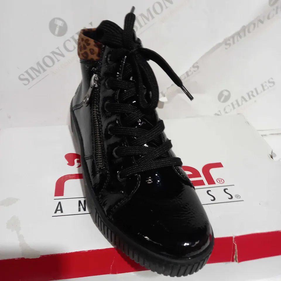 BOXED PAIR OF RIEKER BROWN HIGH TOP LEOPARD CUFF TRAINERS BLACK - SIZE 5 
