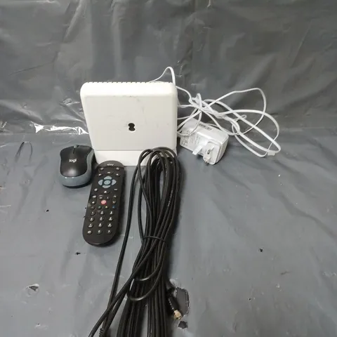 BOX OF APPROXIMATELY 20 ASSORTED ELECTRICAL ITEMS TO INCLUDE REMOTE CONTROLS, POWER CABLES AND ROUTERS