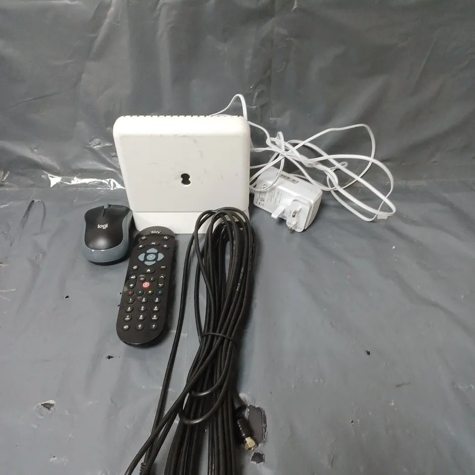 BOX OF APPROXIMATELY 20 ASSORTED ELECTRICAL ITEMS TO INCLUDE REMOTE CONTROLS, POWER CABLES AND ROUTERS