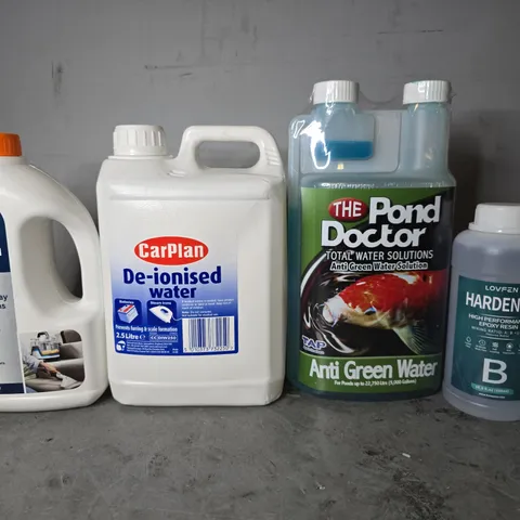 APPROXIMATELY 12 ASSORTED ITEMS TO INCLUDE -  THE POND DOCTOR TOTAL WATER SOLUTIONS , CAR PLAN DE-IONISED WATER , VAX SPOT WASH ETC