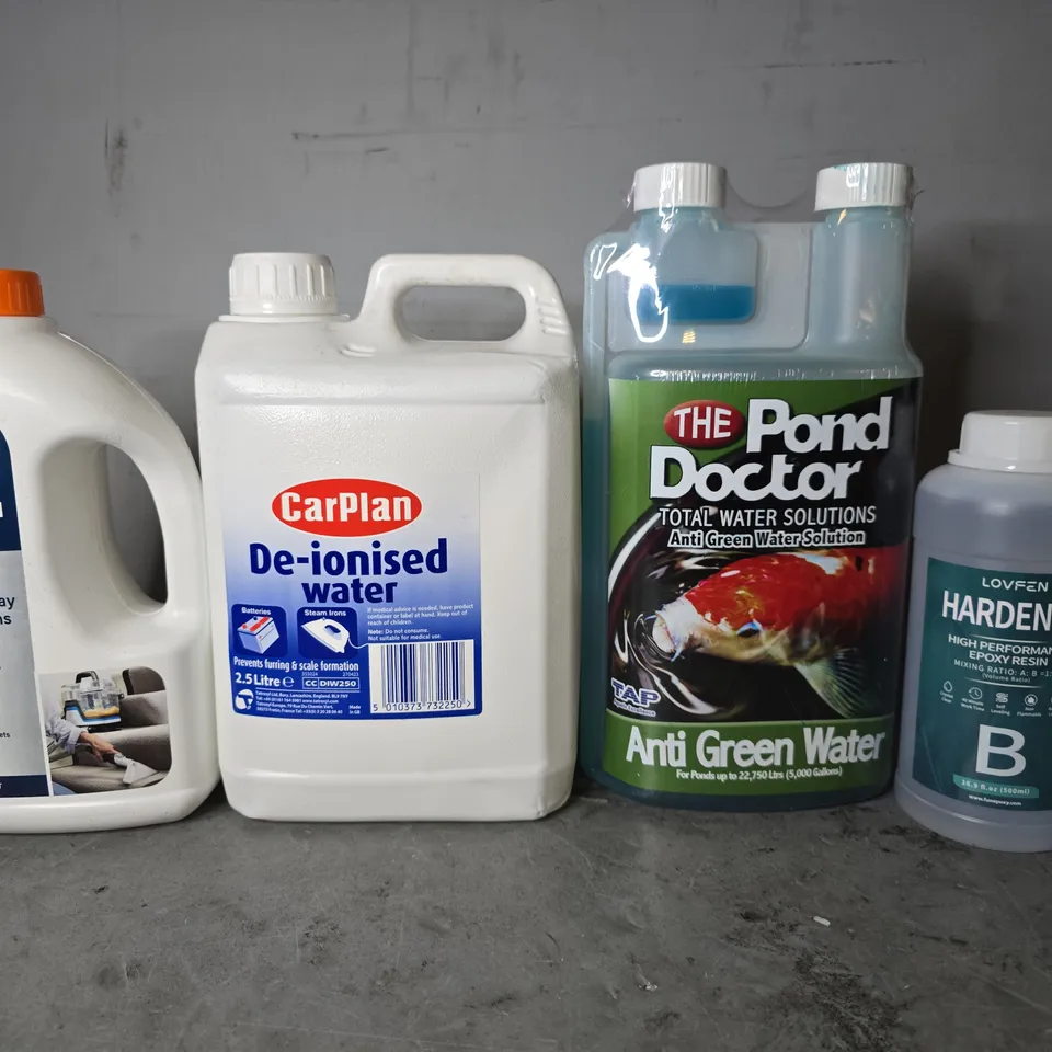 APPROXIMATELY 12 ASSORTED ITEMS TO INCLUDE -  THE POND DOCTOR TOTAL WATER SOLUTIONS , CAR PLAN DE-IONISED WATER , VAX SPOT WASH ETC