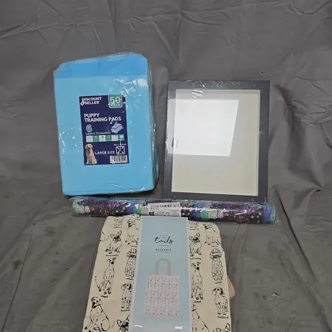 BOX OF APPROXIMATELY 15 ASSORTED HOUSEHOLD ITEMS TO INCLUDE PUPPY TRAINING PADS, FRAME, TOTE BAG, WRAPPING PAPER ETC