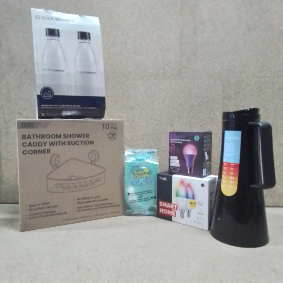 BOX TO CONTAIN ASSORTED HOUSEHOLD GOODS AND PRODUCTS TO INCLUDE; ZUVO BATHROOM SHOWER CADDY WITH SUCTION CORNER, SODASTREAM BOTTLES, SOAP DADDY SOAP DISPENSER