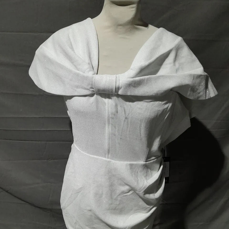 CLUB L WHITE GLITTER BARDOT WRAP MINI DRESS IN WHITE SIZE 8