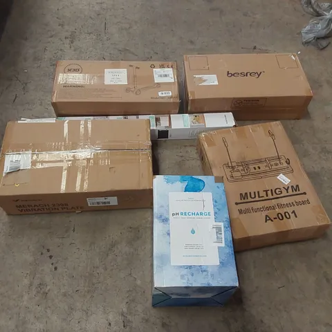 PALLET OF ASSORTED ITEMS INCLUDING: BALANCE SCOOTERS, GLASS ALKALINE WATER COUNTERTOP UNIT, MULTIFUNCTIONAL FITNESS BOARD, VIBRATION PLATE, RETRACTABLE SAFETY GATE ECT
