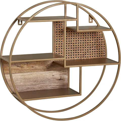 BOXED WOHNLING RATTAN WALL SHELF, 62 X 62 X 17 CM, HANGING SHELF, SOLID WOOD/METAL INDUSTRIAL, FLOATING SHELF, VIENNESE WICKER, ROUND WALL, SHELF, HANGING OPEN LIVING ROOM