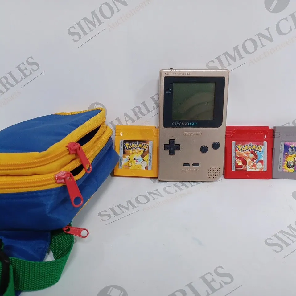 NINTENDO GAMEBOY LIGHT WITH CASE AND 3 CARTRIDGES (POKEMON YELLOW, POKEMON RED, WARIO BLAST)