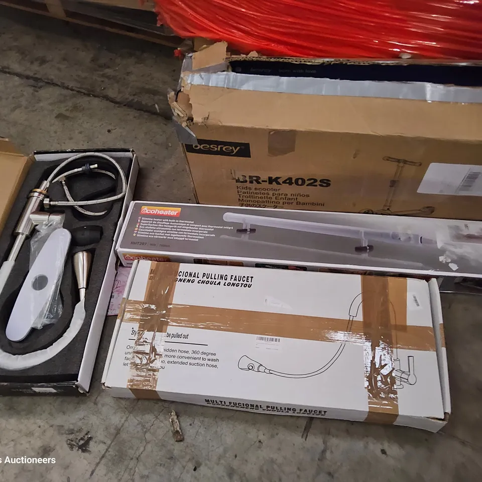 PALLET OF ASSORTED ITEMS TO INCLUDE, KITCHEN MIXER TAPS, SCOOTER, ELECTRIC HEATER, BOXED FURNITURE.