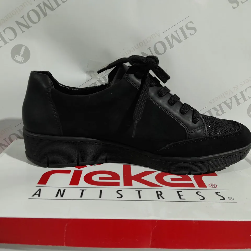 BOXED PAIR OF RIEKER WEDGE TRAINERS IN BLACK - SIZE 7.5