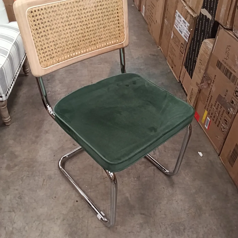 VELVET AND RATTAN DINING CHAIR (SET OF 4) - GREEN/CHROME 