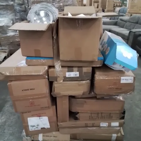 PALLET CONTAINING VARIOUS ASSORTED HOUSEHOLD CUSTOMER RETURNS TO INCLUDE: VACUUM CLEANER, STAINLESS STEEL PAN SET, CLOUD PILLOW, MIRRORS AND LOTS MORE UNMARKED BOXED ITEMS 