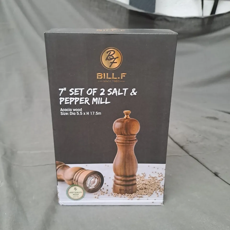 SEALED BILL.F 7" SET OF 2 ACACIA WOOD SALT AND PEPPER MILL