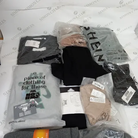 LARGE BOX OF ASSORTED CLOTHING ITEMS IN VARIOUS COLOURS AND SIZES INCLUDING TROUSERS , TOPS AND JUMPERS