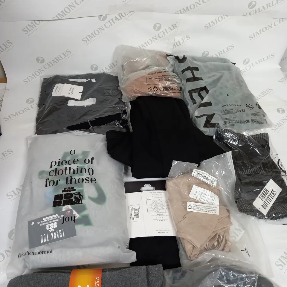 LARGE BOX OF ASSORTED CLOTHING ITEMS IN VARIOUS COLOURS AND SIZES INCLUDING TROUSERS , TOPS AND JUMPERS 