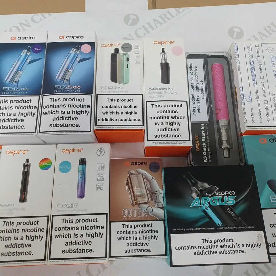 LOT OF 12 ASSORTED E-CIGS AND PARTS TO INCLUDE ASPIRE, VOOPOO AND GEEKVAPE