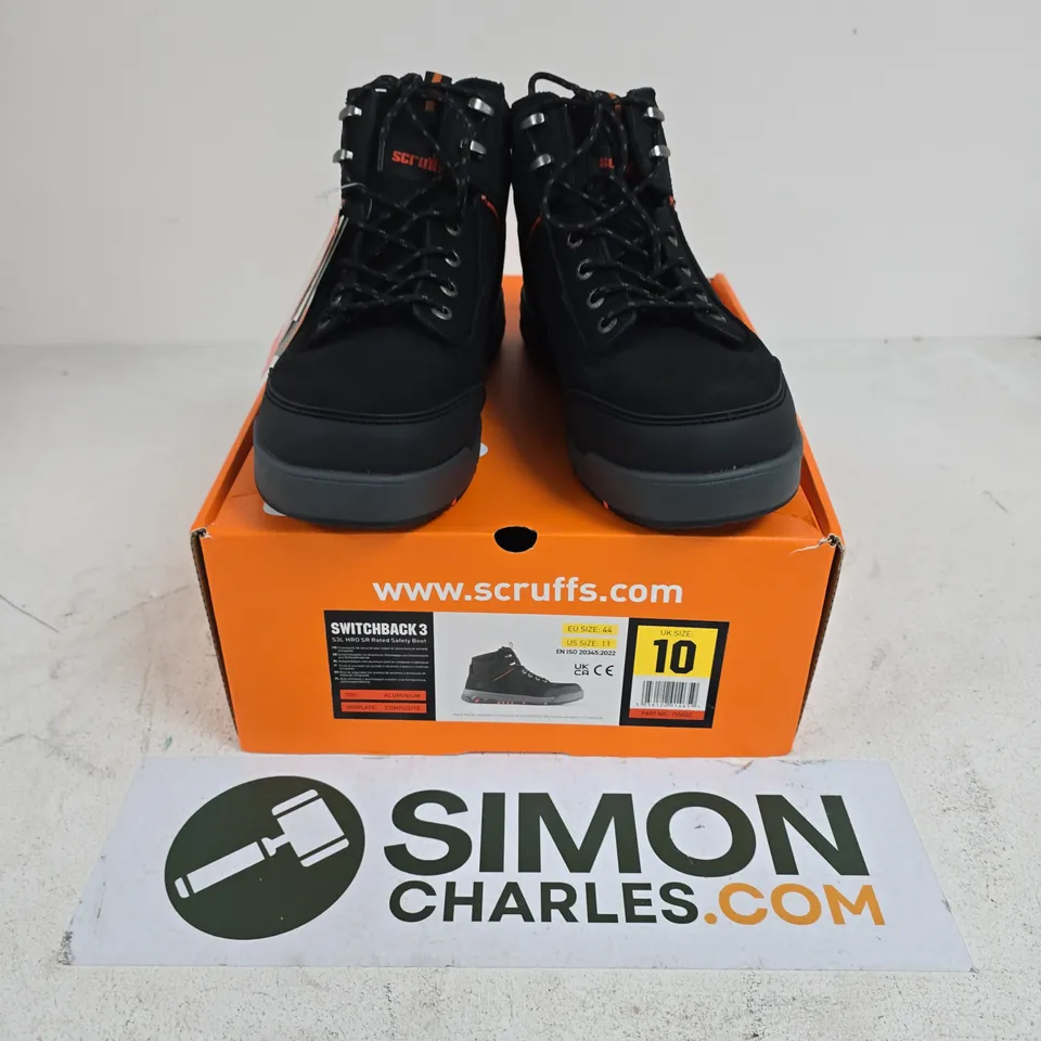 BOXED PAIR OF SCRUFFS SWITCHBACK 3 SR RATED SAFETY BOOTS IN BLACK - UK 10