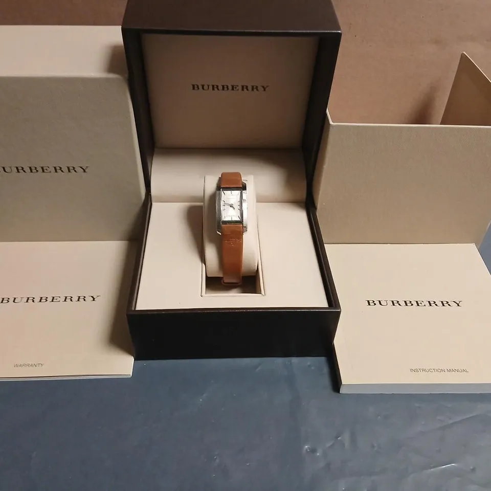 BURBERRY RECTANGULAR SWISS MADE WRISTWATCH WITH BROWN LEATHER STRAP