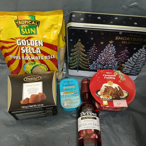 APPROXIMATELY 10 ASSORTED FOOD/DRINK PRODUCTS TO INCLUDE GOLDEN SELLA BASMATI RICE, TRUFFLES, RED GRAPE DRINK ETC 