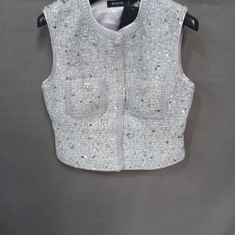 MY LIMITED MINT VELVET SEQUIN TWEED WAISTCOAT – SILVER, UK 12