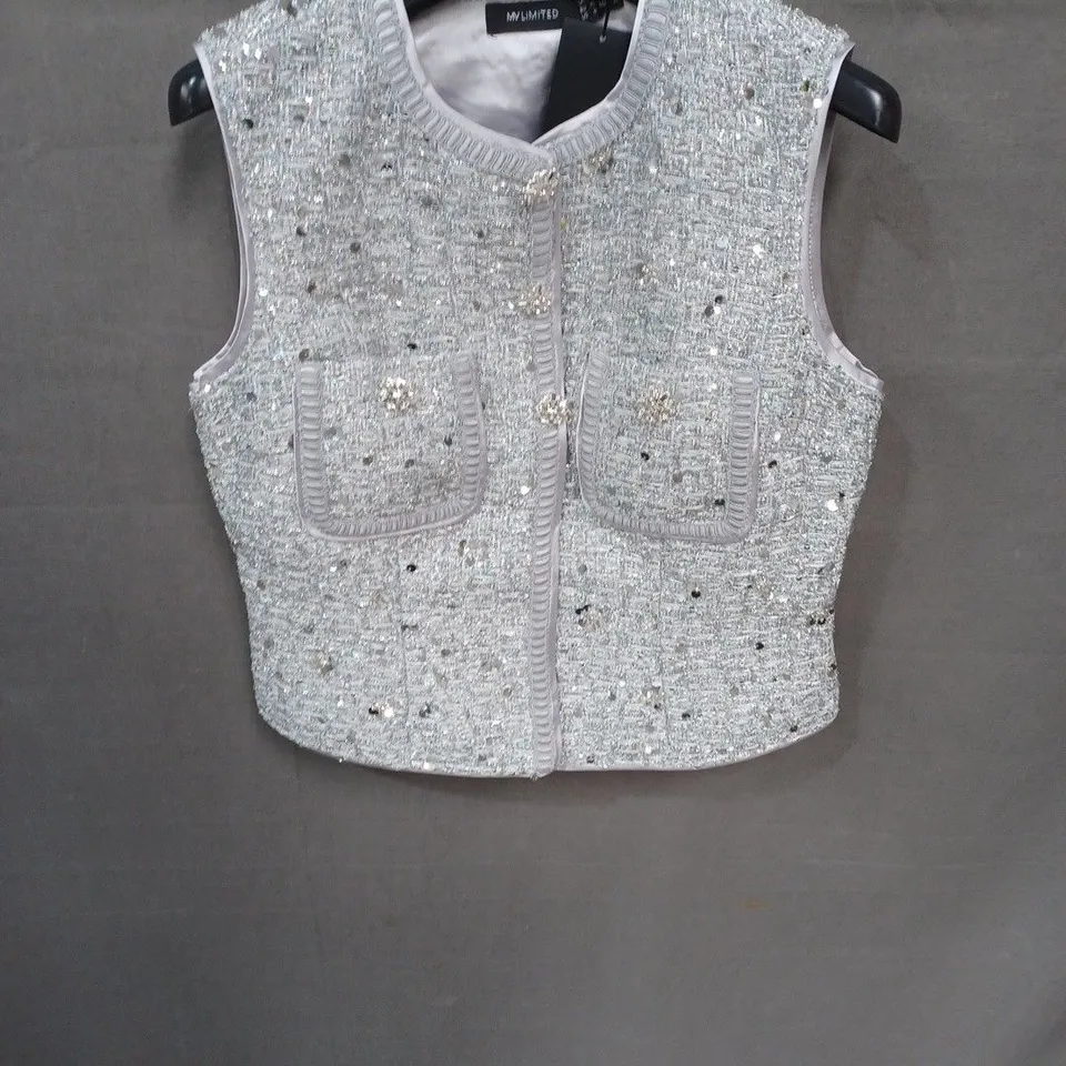 MY LIMITED MINT VELVET SEQUIN TWEED WAISTCOAT – SILVER, UK 12