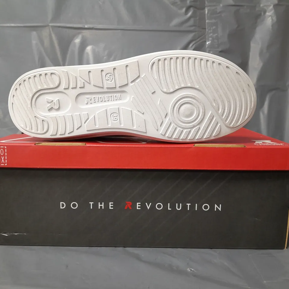 BOXED PAIR OF RIEKER REVOLUTION TRAINERS IN WHITE/PURPLE/SAND/ORANGE W. JEWEL EFFECT SIZE 6
