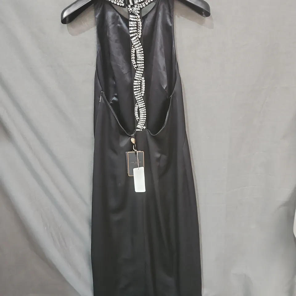 TED BAKER BLACK EVENING DRESS WITH CRYSTAL NECKLINE SIZE 2