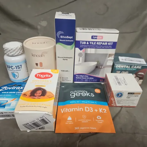 APPROXIMATELY 10 ASSORTED ITEMS TO INCLUDE NUTRITIONS GEEKS, DENTAK CAR AND TU AND TILE REPAIR KIT 