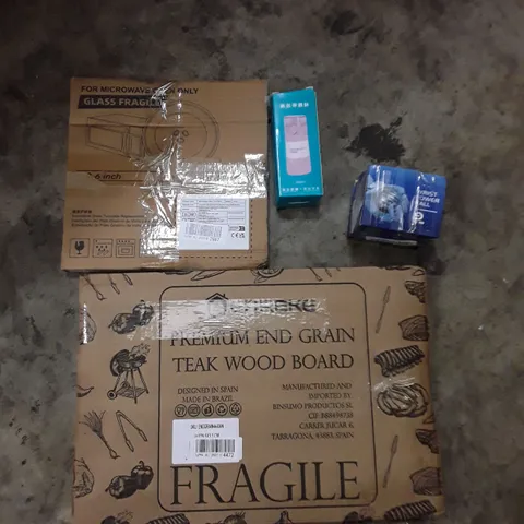 PALLET OF ASSORTED HOUSEHOLD GOODS AND PRODUCT TO INCLUDE; MICROWAVE OVEN TURNTABLE GLASS, WRIST POWERBALL, PREMIUM END GRAIN TEAK WOOD BOARD, VACUUM BOTTLE ETC